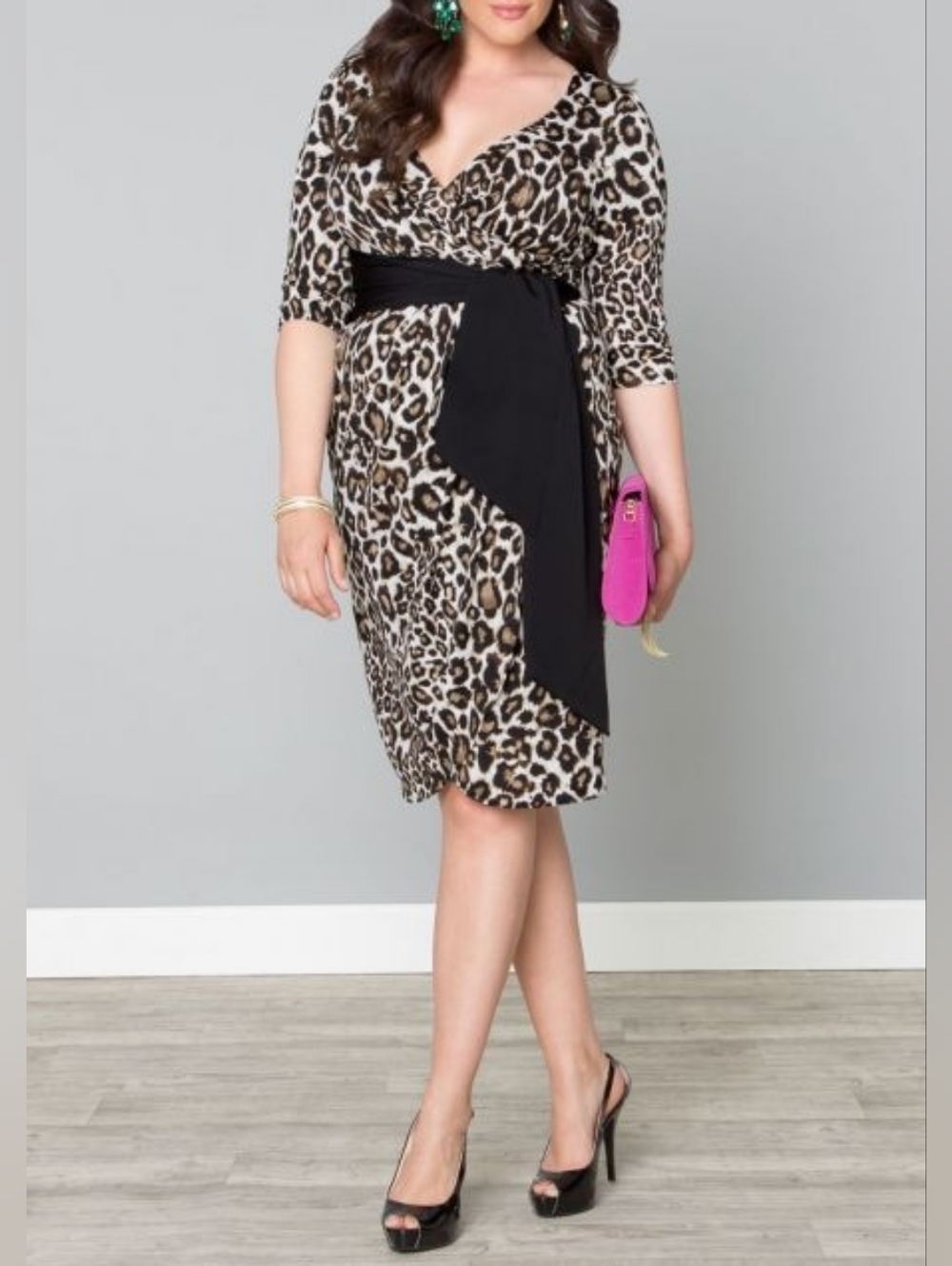 KIYONNA "Harlow" Faux Wrap Dress, Leopard Print, Size 0X